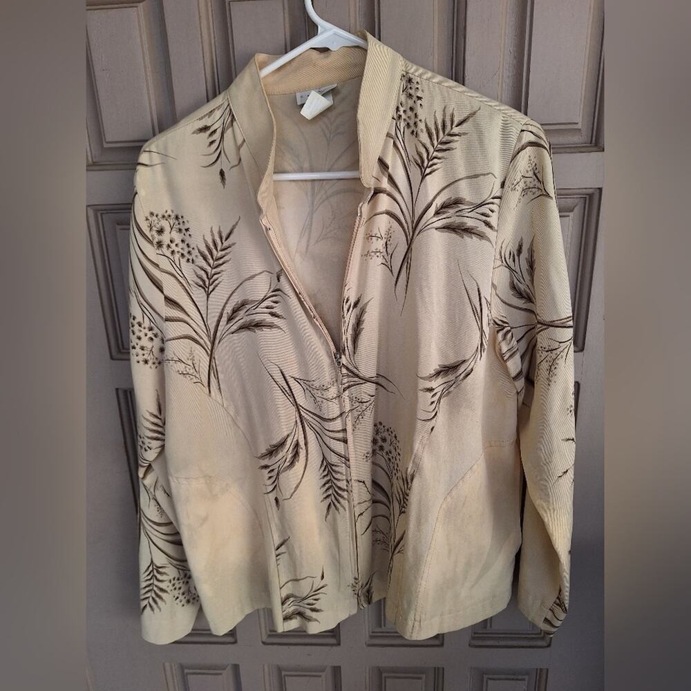Classic Caribe Floral Beige Women's Jacket SzM Zip Front Pockets Rayon Blend